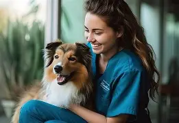 Veterinária sorrindo com um pet ao colo